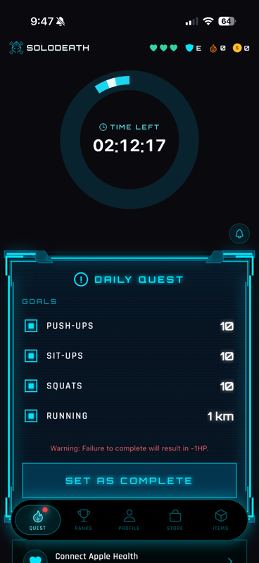 SoloDeath daily quest screen